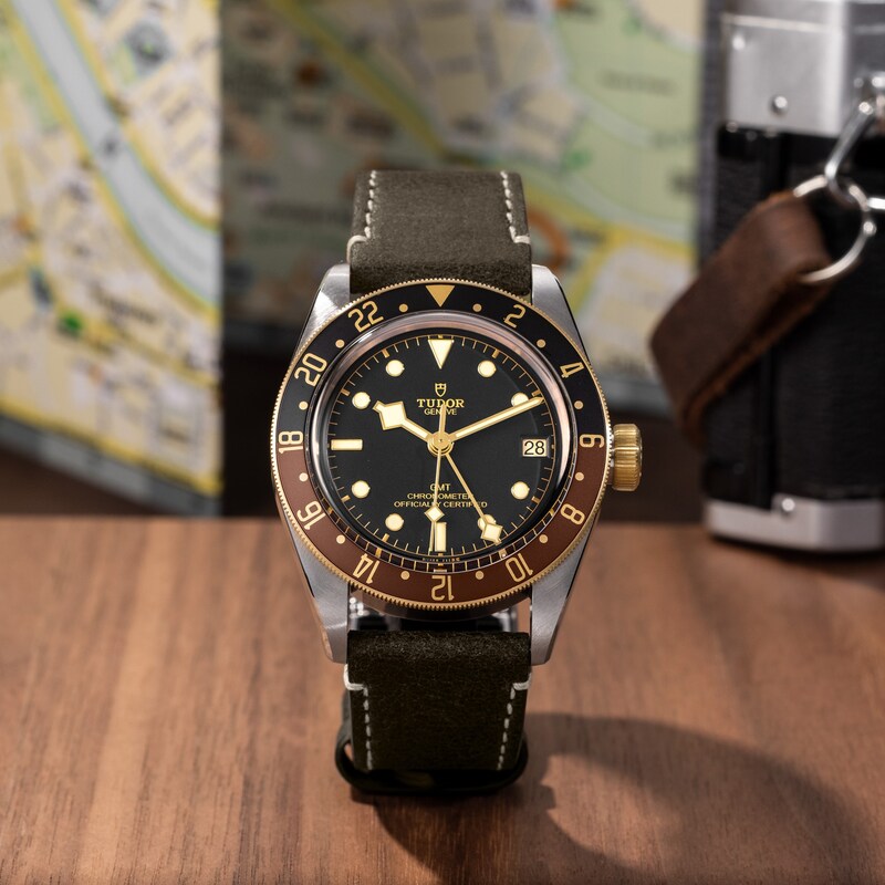 Tudor Black Bay GMT S & G Men's Black Leather Strap Watch