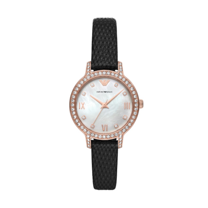 Emporio Armani Ladies' Crystal Bezel Black Leather Strap Watch