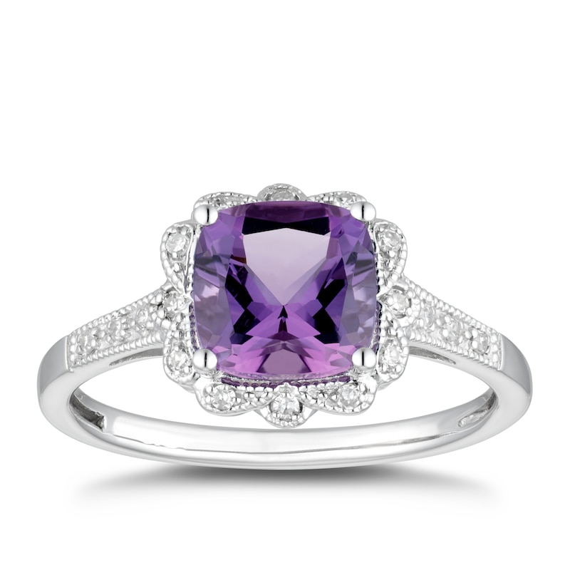 9ct White Gold Amethyst & Diamond Vintage Ring