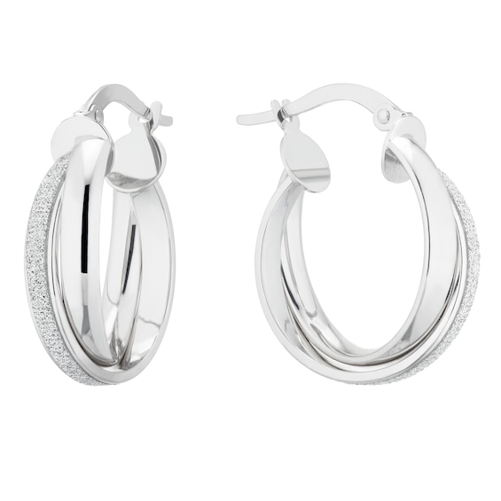 9ct White Gold Glitter Double Row Hoop Earrings