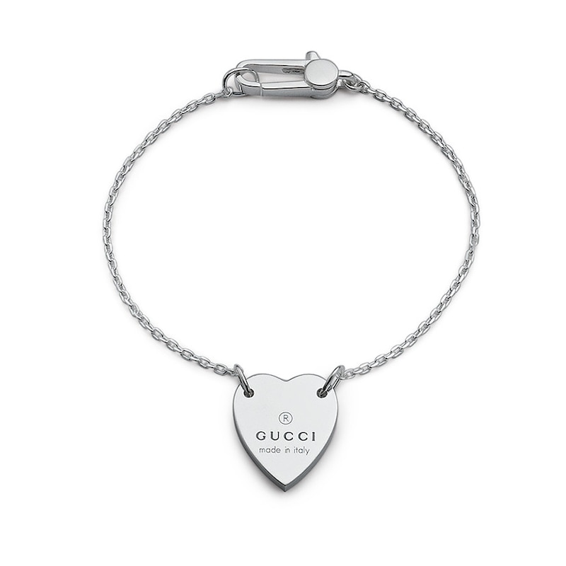 Gucci Trademark Engraved Heart Sterling Silver 7 Inch Bracelet