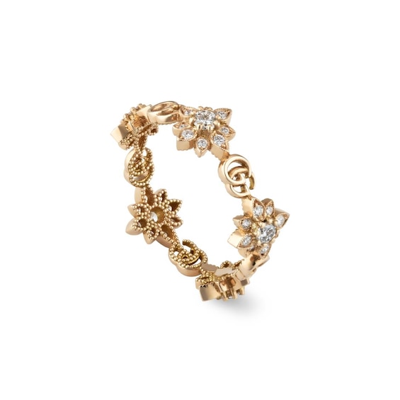 Gucci 18ct Rose Gold Diamond Flora Ring (Size Q-P)