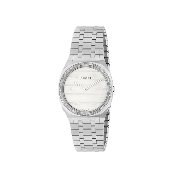GUCCI 25H Diamond Silver Tone Dial Bracelet Watch