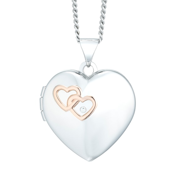 Silver & 9ct Rose Gold 18 Inch Diamond Heart Locket