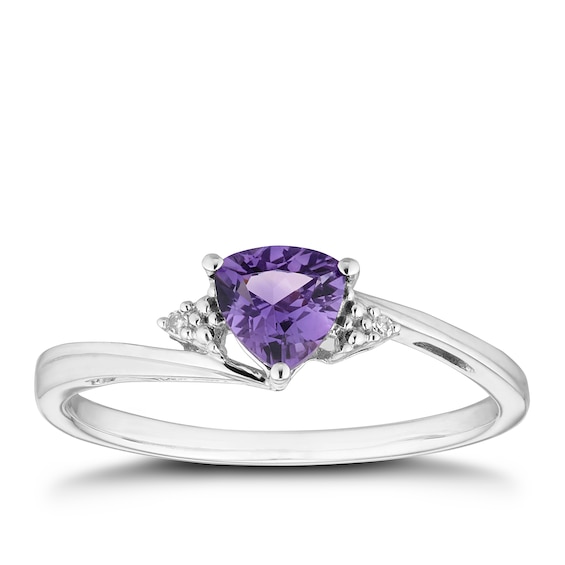 9ct White Gold Trillion Cut Amethyst and Diamond Ring