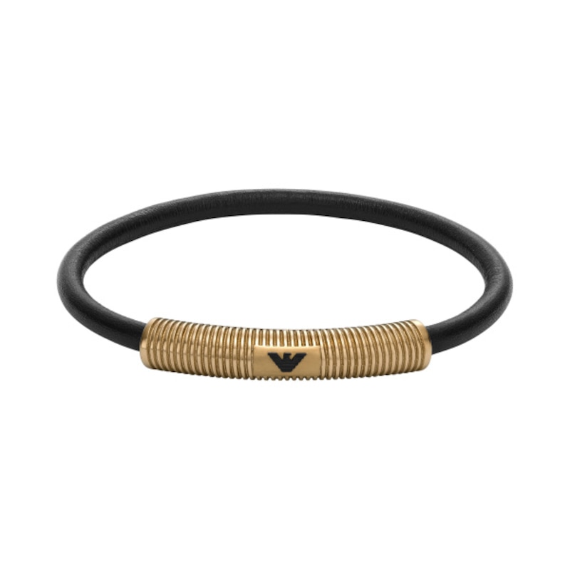 Emporio Armani Black Leather & Gold-Tone 7 Inch Bracelet