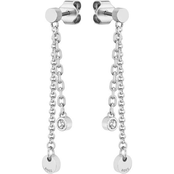 BOSS Iris Stainless Steel and Crystal Chain Drop Earrings