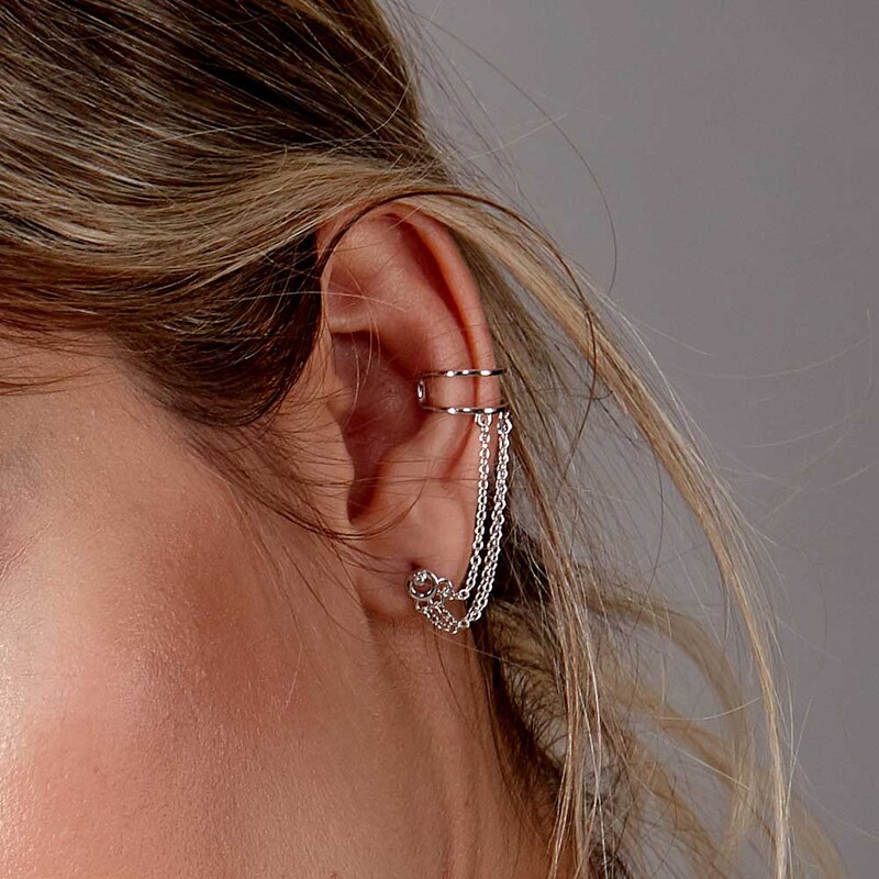 Lucy Quartermaine Art Deco Silver Stud & Chain Ear Cuff