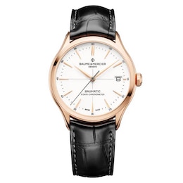 Baume & Mercier Clifton 18ct Rose Gold & Black Leather Strap Watch