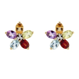 9ct Yellow Gold Mixed Coloured Flower Stud Earrings