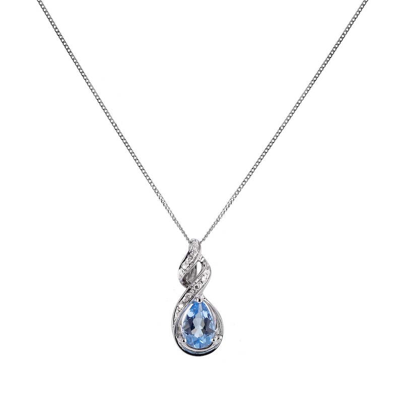 9ct White Gold Blue Topaz Diamond Drop Pendant