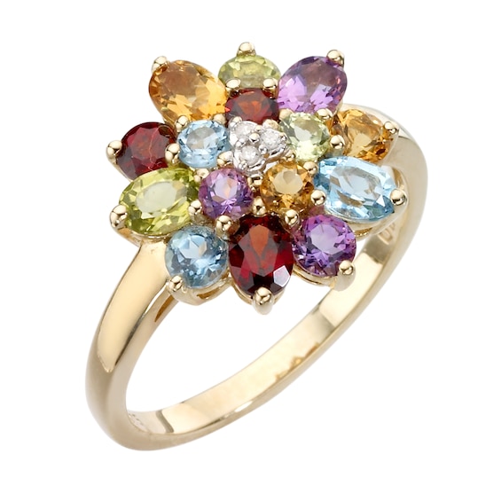 9ct Gold Diamond & Multi Coloured Stones Ring