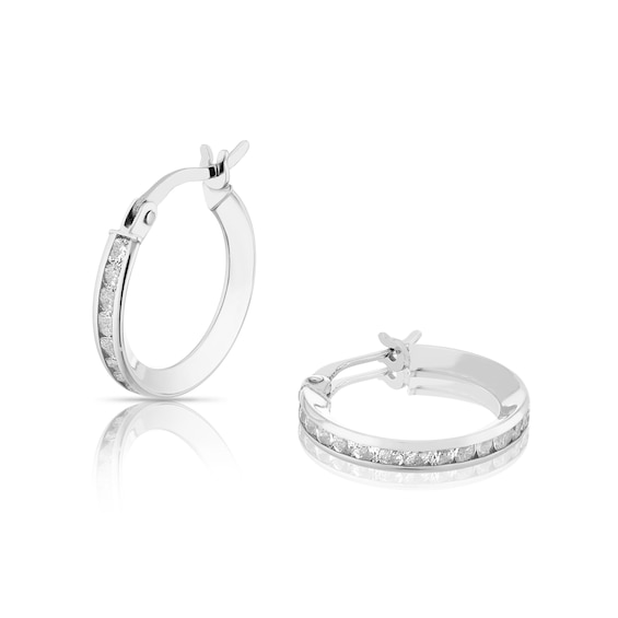 9ct White Gold and Cubic Zirconia Channel Hoop Earrings