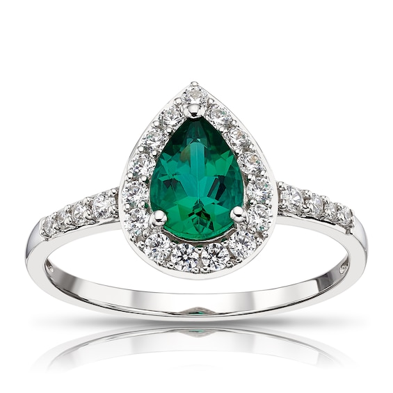 9ct White Gold Created Emerald and CZ Pear Cluster Ring