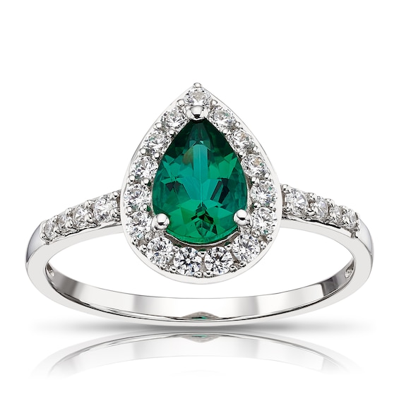 9ct White Gold Created Emerald & CZ Pear Cluster Ring