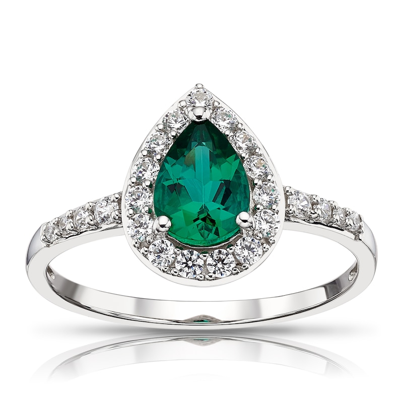 9ct White Gold Created Emerald & CZ Pear Cluster Ring | Ernest Jones