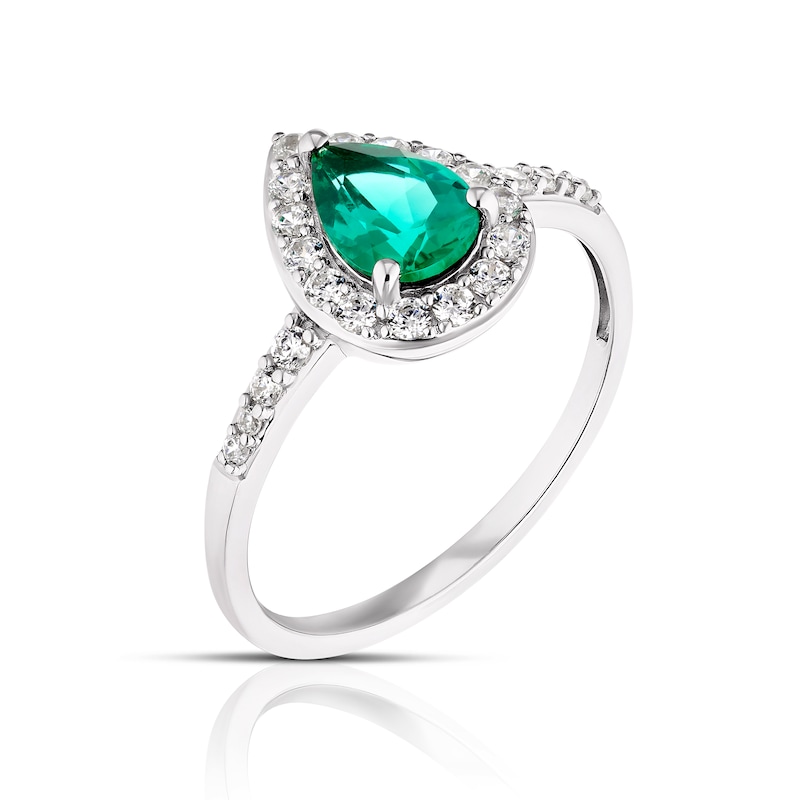 9ct White Gold Created Emerald & CZ Pear Cluster Ring