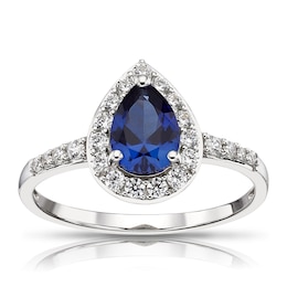 9ct White Gold Created Sapphire & CZ Pear Cluster Ring