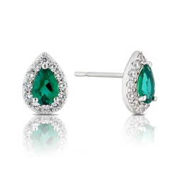 9ct White Gold Created Emerald & CZ Cluster Pear Earrings