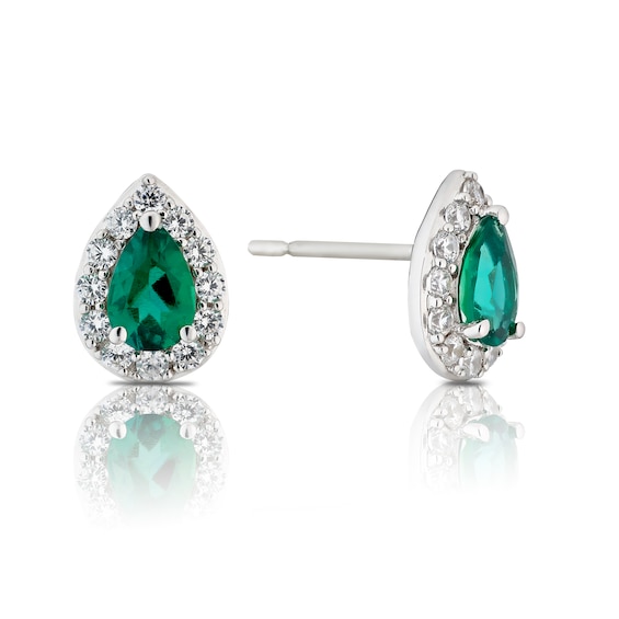 9ct White Gold Created Emerald and CZ Cluster Pear Earrings