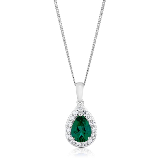 9ct White Gold Created Emerald and CZ Cluster Pear Pendant