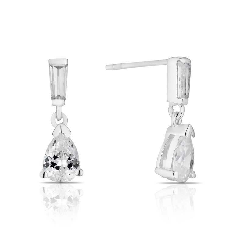 Main Image 1 of Sterling Silver Cubic Zirconia Baguette & Pear Drop Earrings