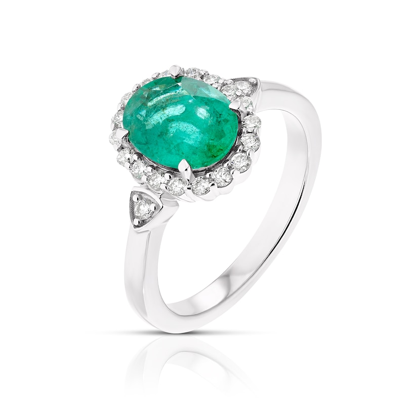 Main Image 2 of 18ct White Gold Emerald & 0.25ct Diamond Halo Ring