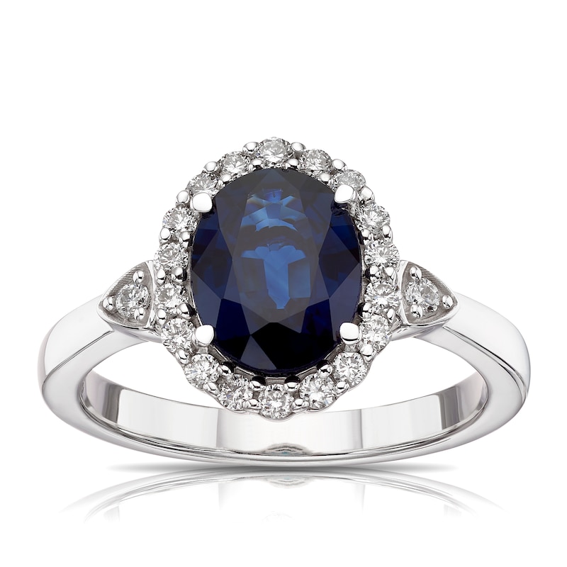 Main Image 1 of 18ct White Gold Sapphire & 0.25ct Diamond Halo Ring