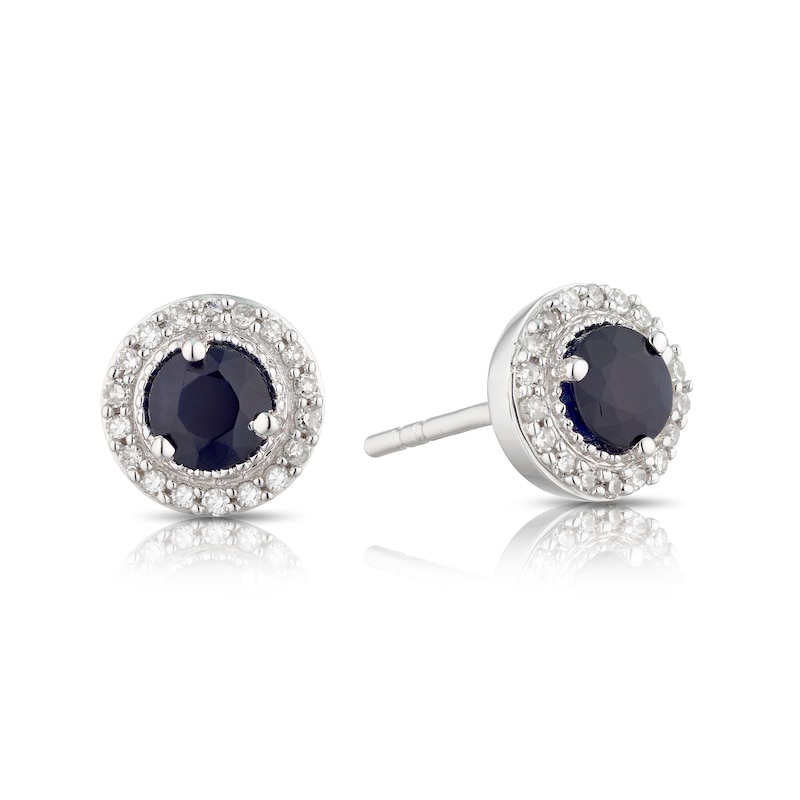 Main Image 1 of 9ct White Gold Sapphire & 0.10ct Diamond Stud Earrings
