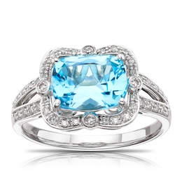 9ct White Gold Blue Topaz 0.15ct Diamond Halo Ring