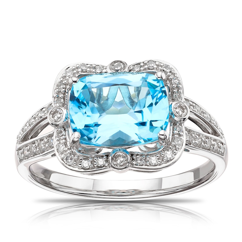 9ct White Gold Blue Topaz 0.15ct Diamond Halo Ring