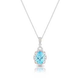 9ct White Gold Blue Topaz & 0.10ct Diamond Pendant