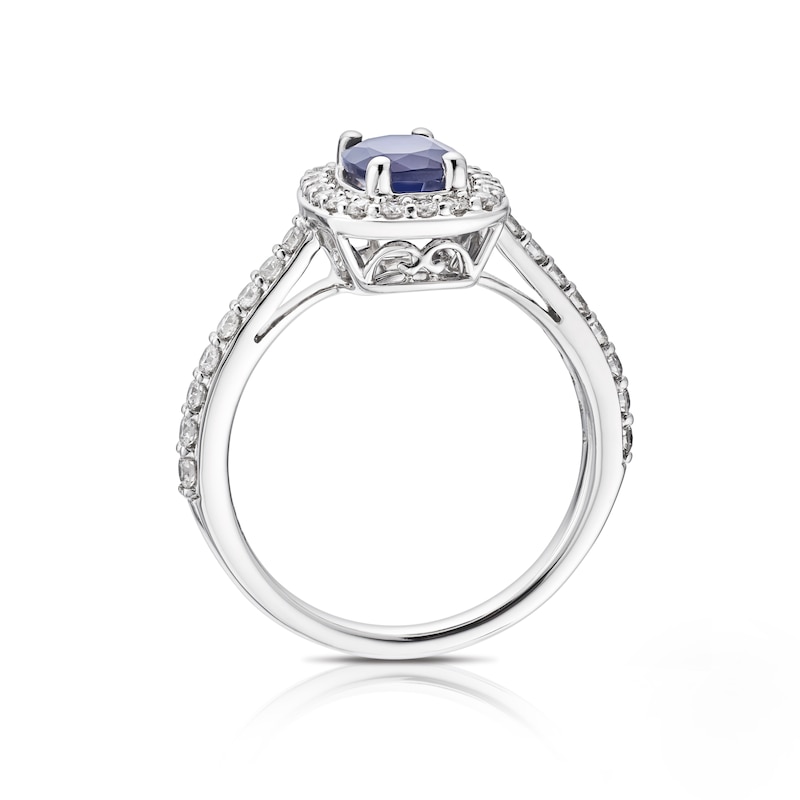 18ct White Gold Sapphire & 0.40ct Diamond Halo Ring | Ernest Jones