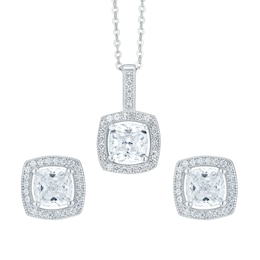 Silver Cubic Zirconia Cushion Earrings And Pendant Set
