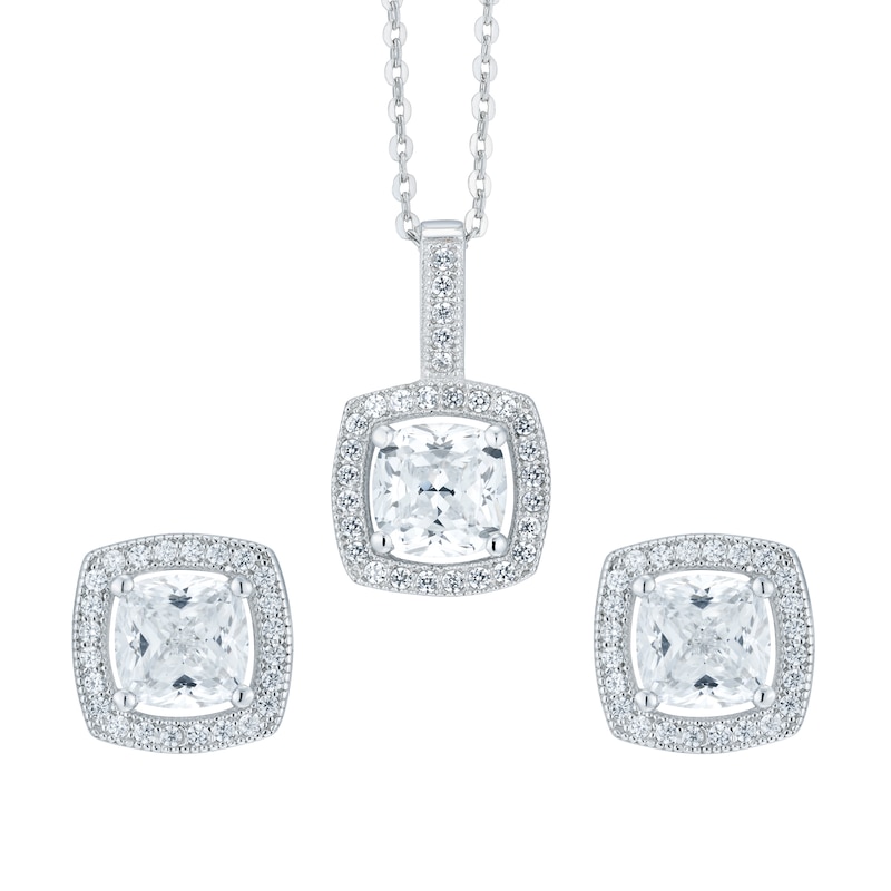 Silver Cubic Zirconia Cushion Earrings And Pendant Set