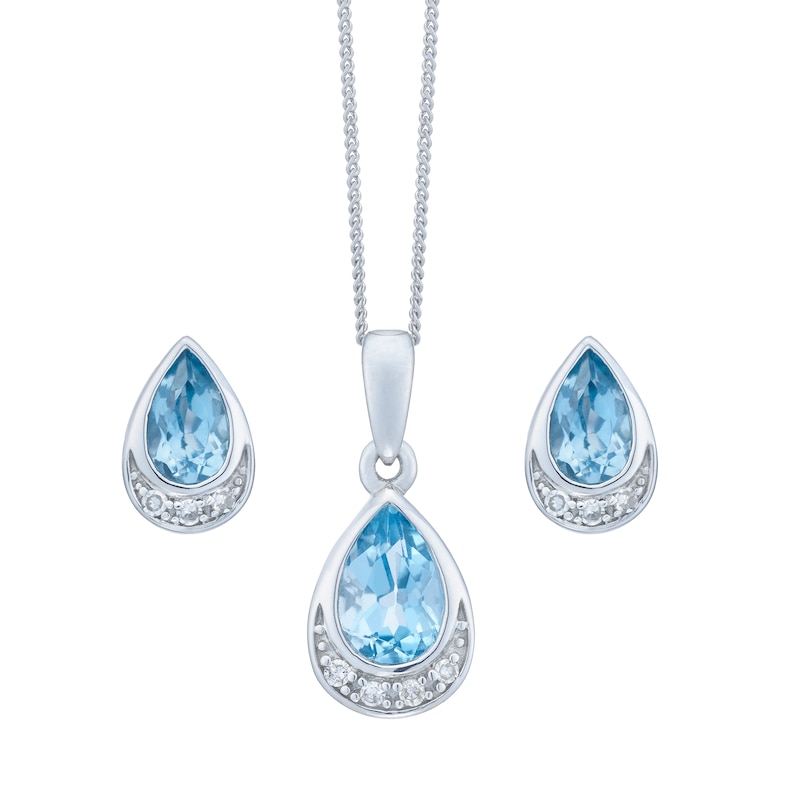 Main Image 1 of 9ct White Gold Blue Topaz & Diamond Jewellery Set