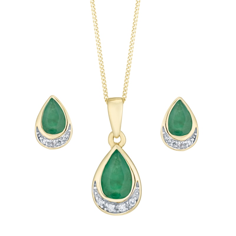 9ct Yellow Gold Emerald & Diamond Jewellery Set