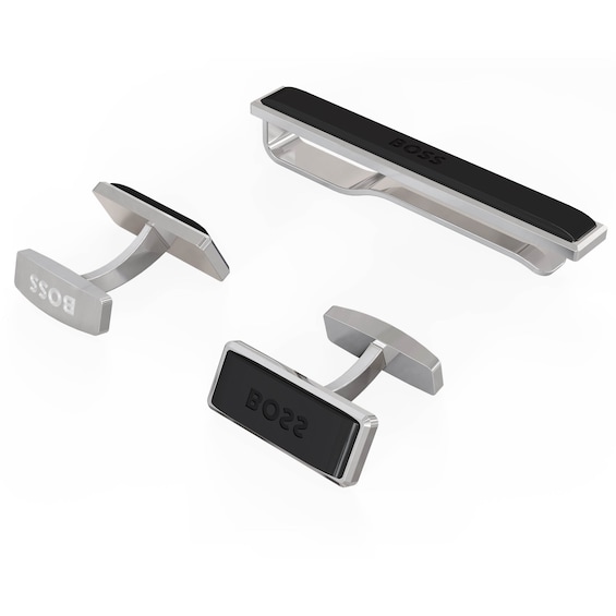 BOSS Men’s Silver Tone Cufflinks & Tie Clip Set