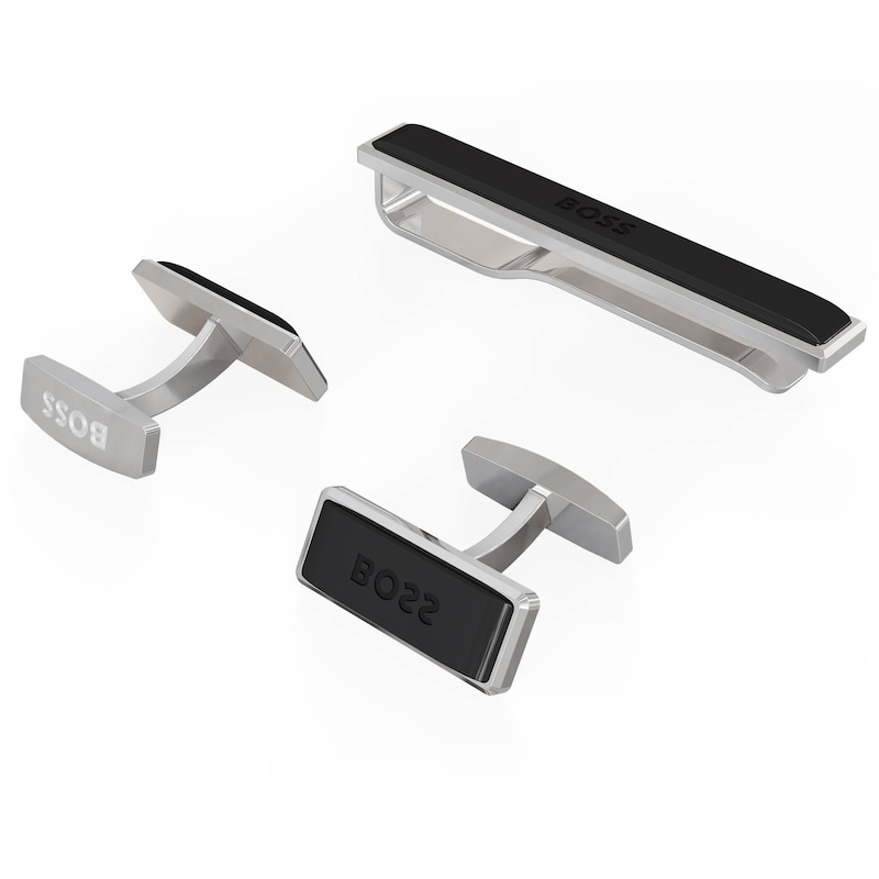 BOSS Men's Silver Tone Cufflinks & Tie Clip Set