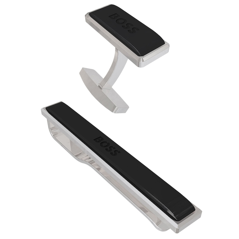 BOSS Men's Silver Tone Cufflinks & Tie Clip Set