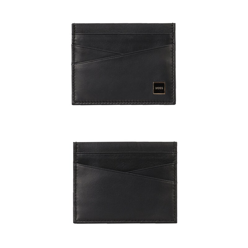 Main Image 1 of BOSS Men's Black Leather Gold Tone Frame Logo Card Holder