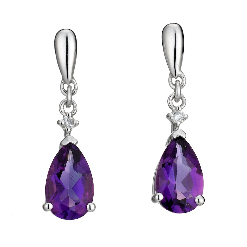 Main Image 1 of 9ct White Gold Amethyst & Diamond Drop Earrings