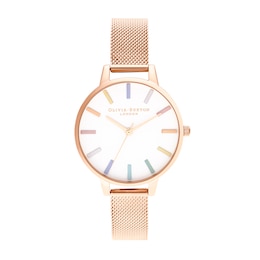 Olivia Burton Rainbow Rose Gold-Tone Mesh Bracelet Watch