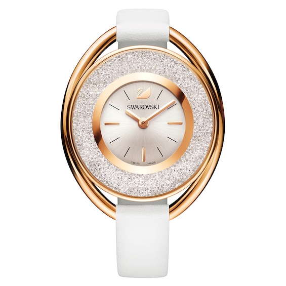 Swarovski Crystalline Ladies’ Oval White Leather Strap Watch