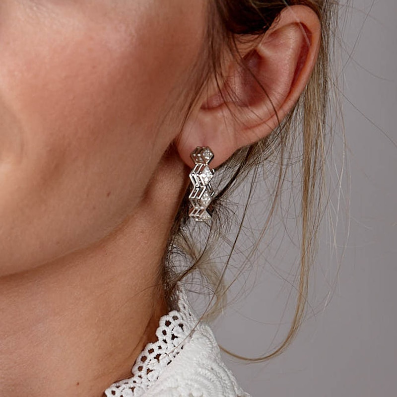 Lucy Quartermaine Art Deco Silver White Topaz Hoop Earrings