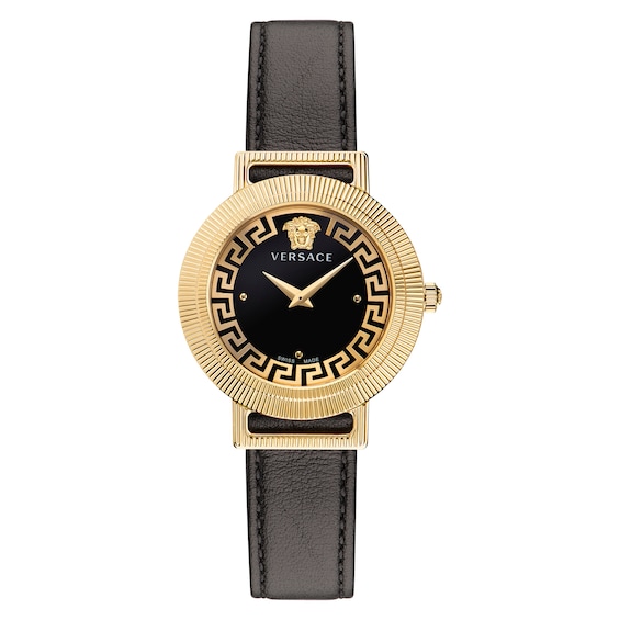Versace Greca Chic Ladies’ Black Leather Strap Watch