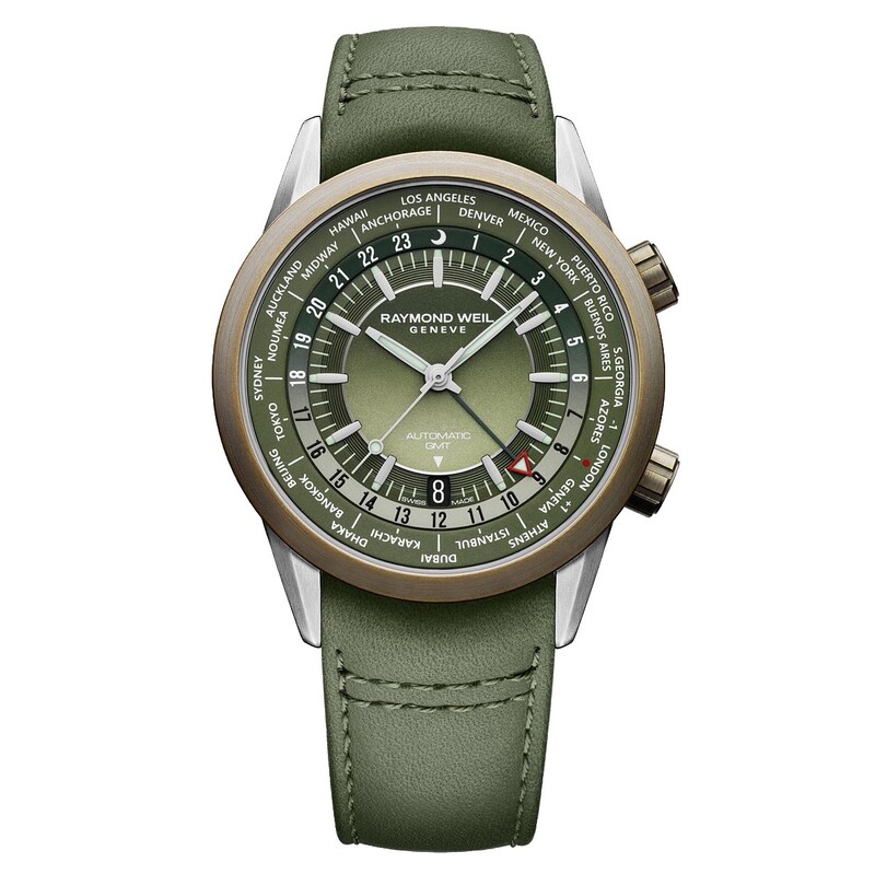 Raymond Weil Freelancer GMT Worldtimer Green Leather Watch