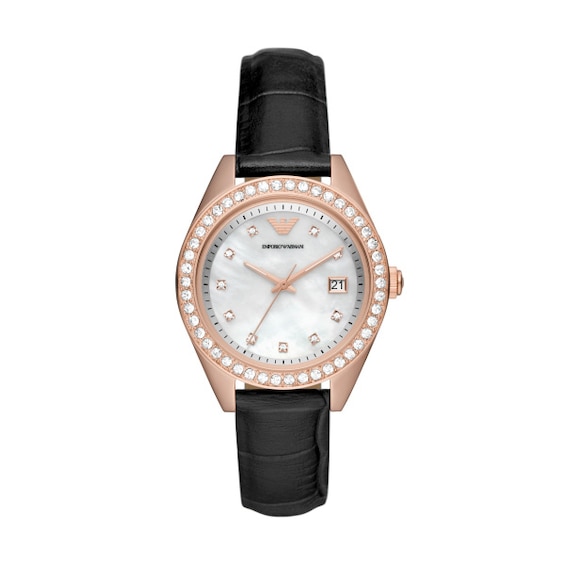 Emporio Armani Ladies’ Black Leather Strap Watch