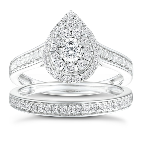 Engagement Ring 9ct White Gold Pear Halo Bridal Set 0.50ct Diamond Ring