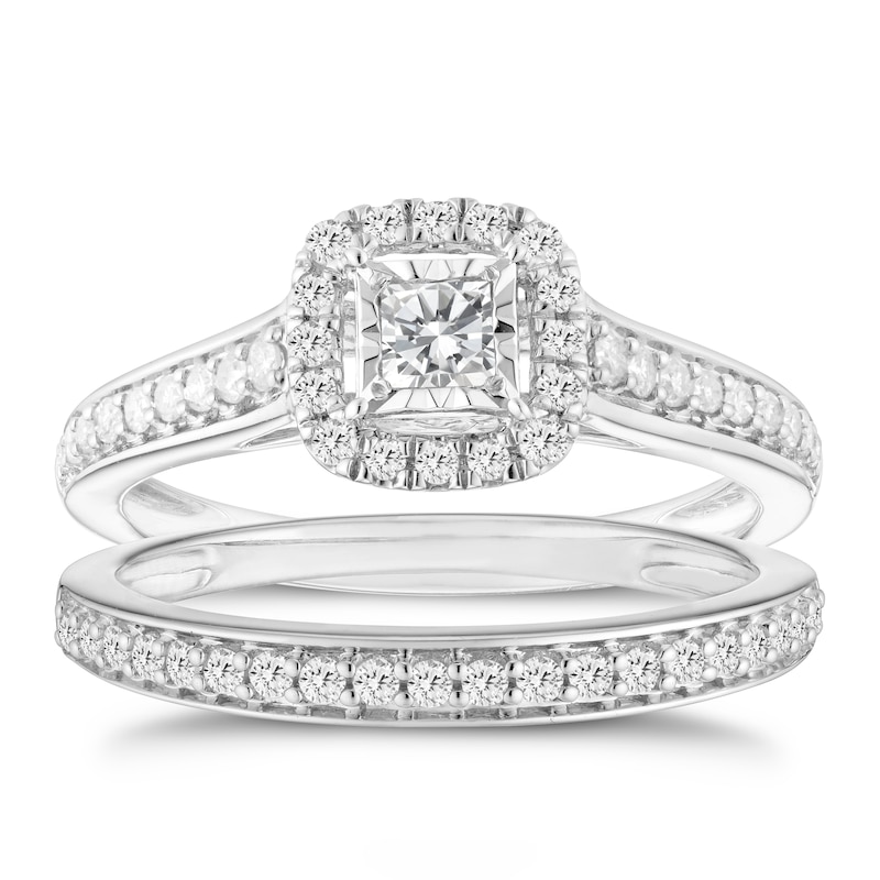 9ct White Gold 0.50ct Diamond Cushion Halo Bridal Set